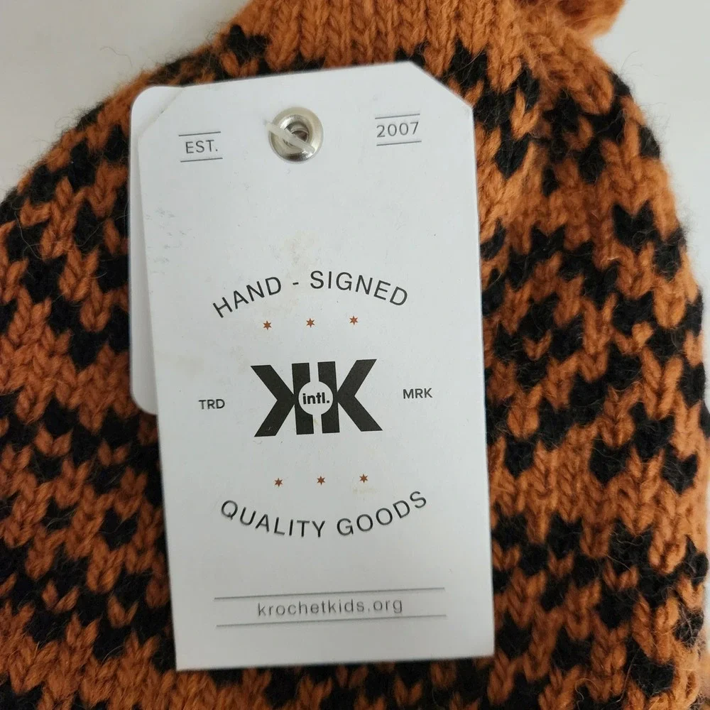 Krochet Kids Brown Black Fair Isle Crochet Knit Beanie Hat with Pom Pom & Tassel